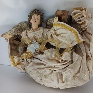 Vtg. Victorian Flying Angel With Porcelain Head + Flowing Fabric Art Gown